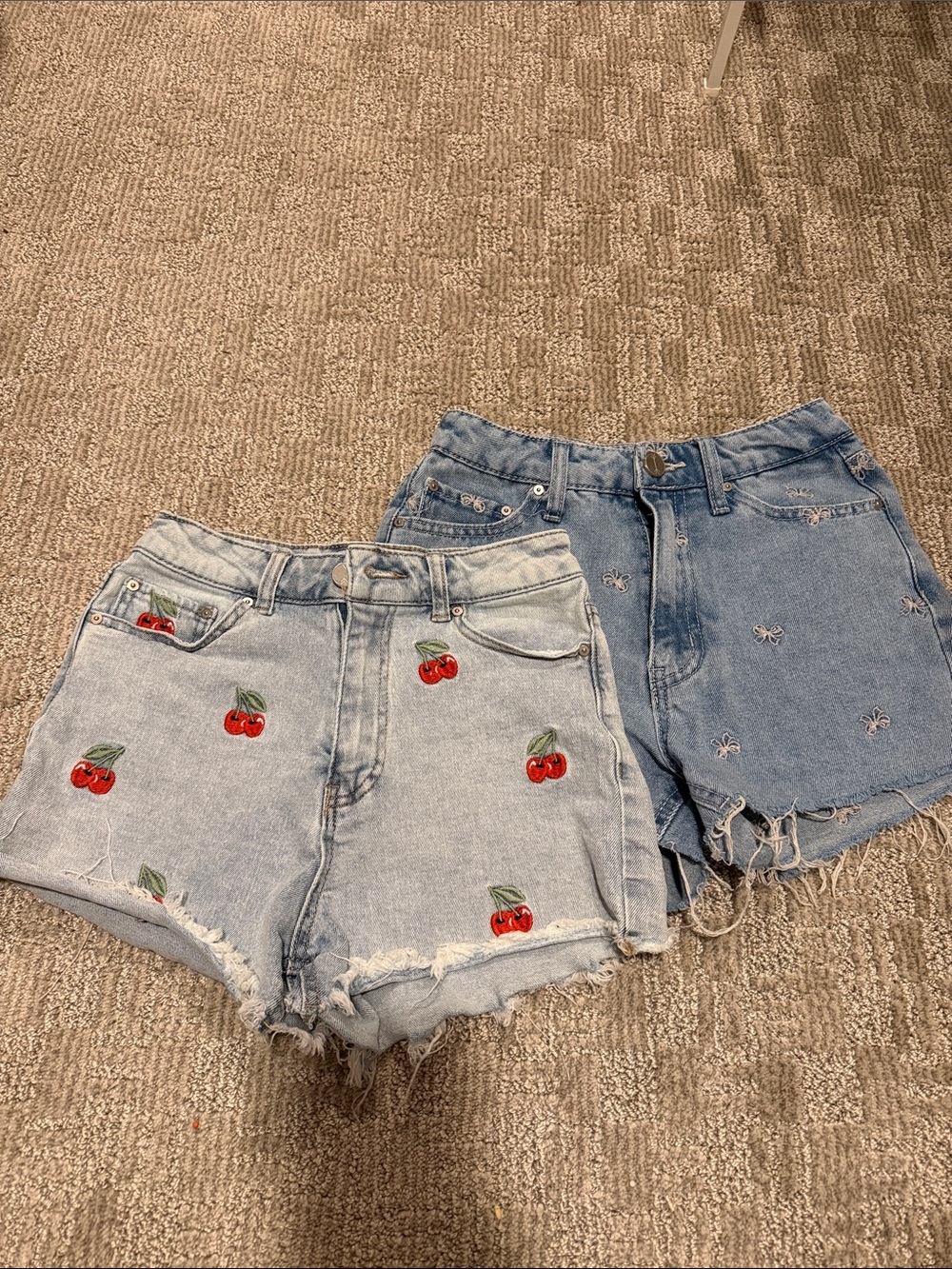 Light Blue Embroidered Cherry Denim Shorts - Women size 23 and 24